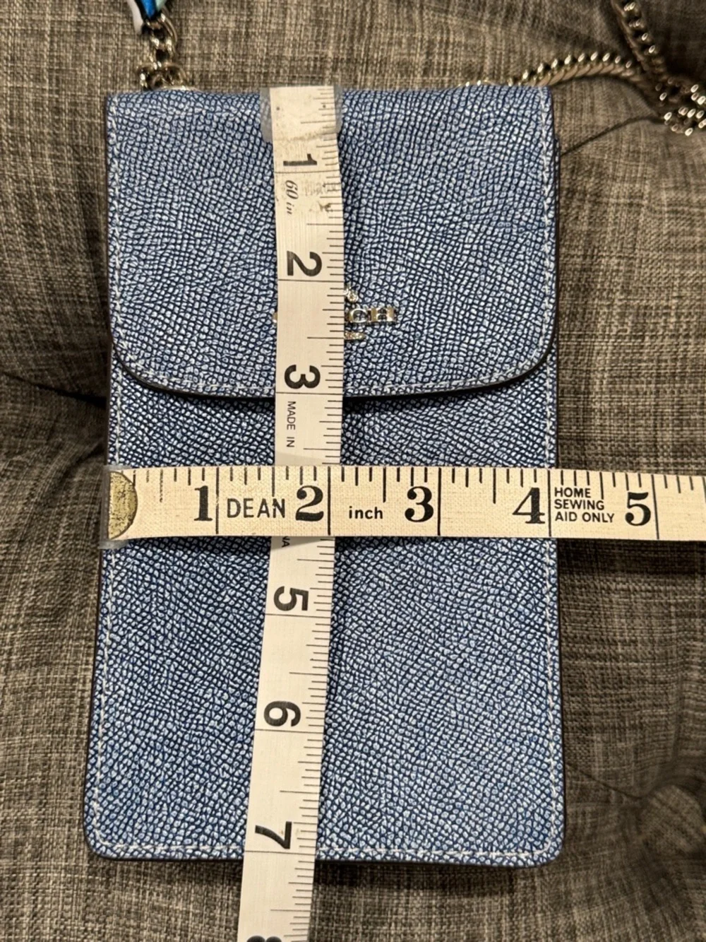 Coach Bag North South Light Denim Blue Leather Crossbody Phone Pouch with Chain